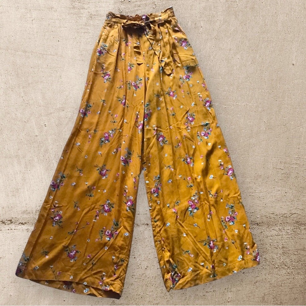 RE:NAMED Wide Leg Pants Mustard Print Pockets Elastic Waistband NWOT SZ S